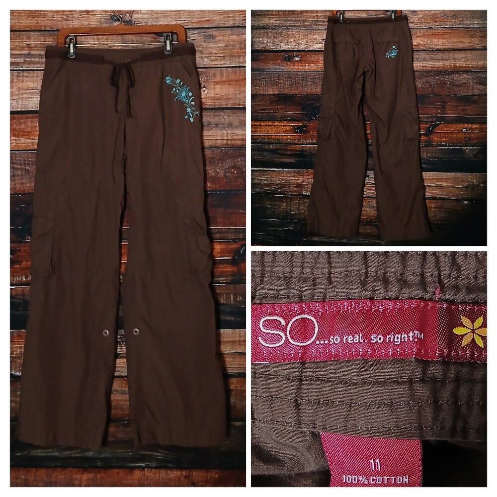 SO Vintage Cargo Pants 11 Brown Baggy Wide Leg Embroidered Beaded Convertible